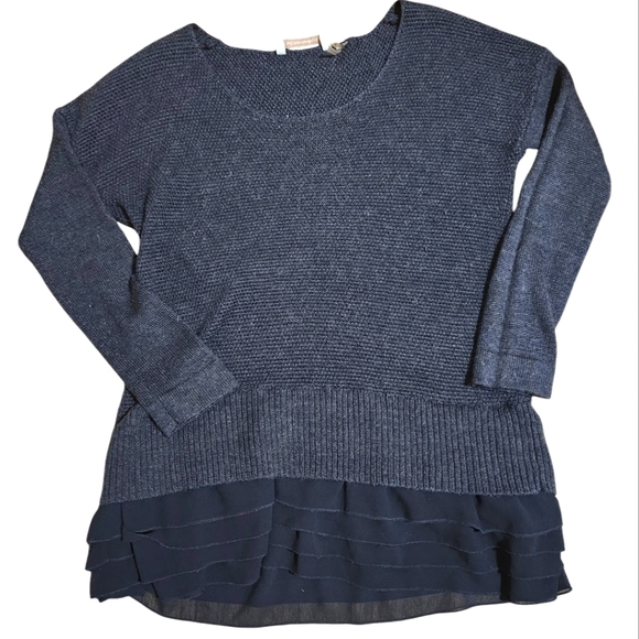 Soft Surroundings black open knit sweater triple ruffle chiffon hem size medium‎ - Picture 1 of 10